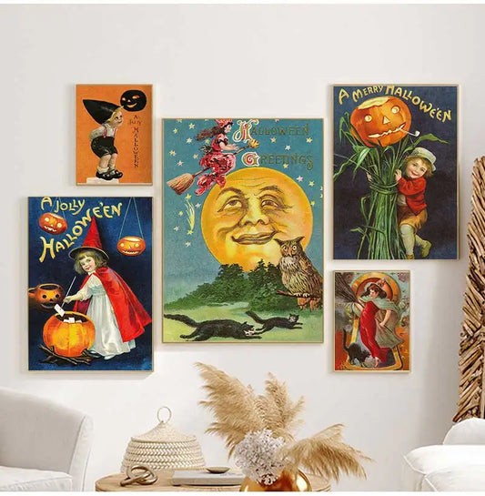 Retro Halloween Witch Pumpkin Canvas Wall Art Print | Unframed Canvas Wall Art Peaceful Pleasures Health and Wellness
