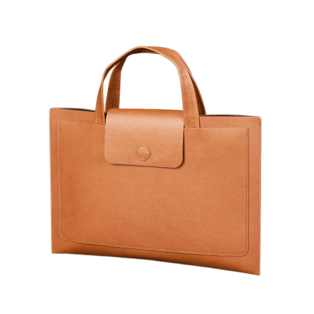 Large Capacity A4 Leather Document Bag Magnetic Button Thickened Waterproof Laptop Cases Portable Simple File Storage Bag Paper Peaceful Pleasures Health and Wellness Brown