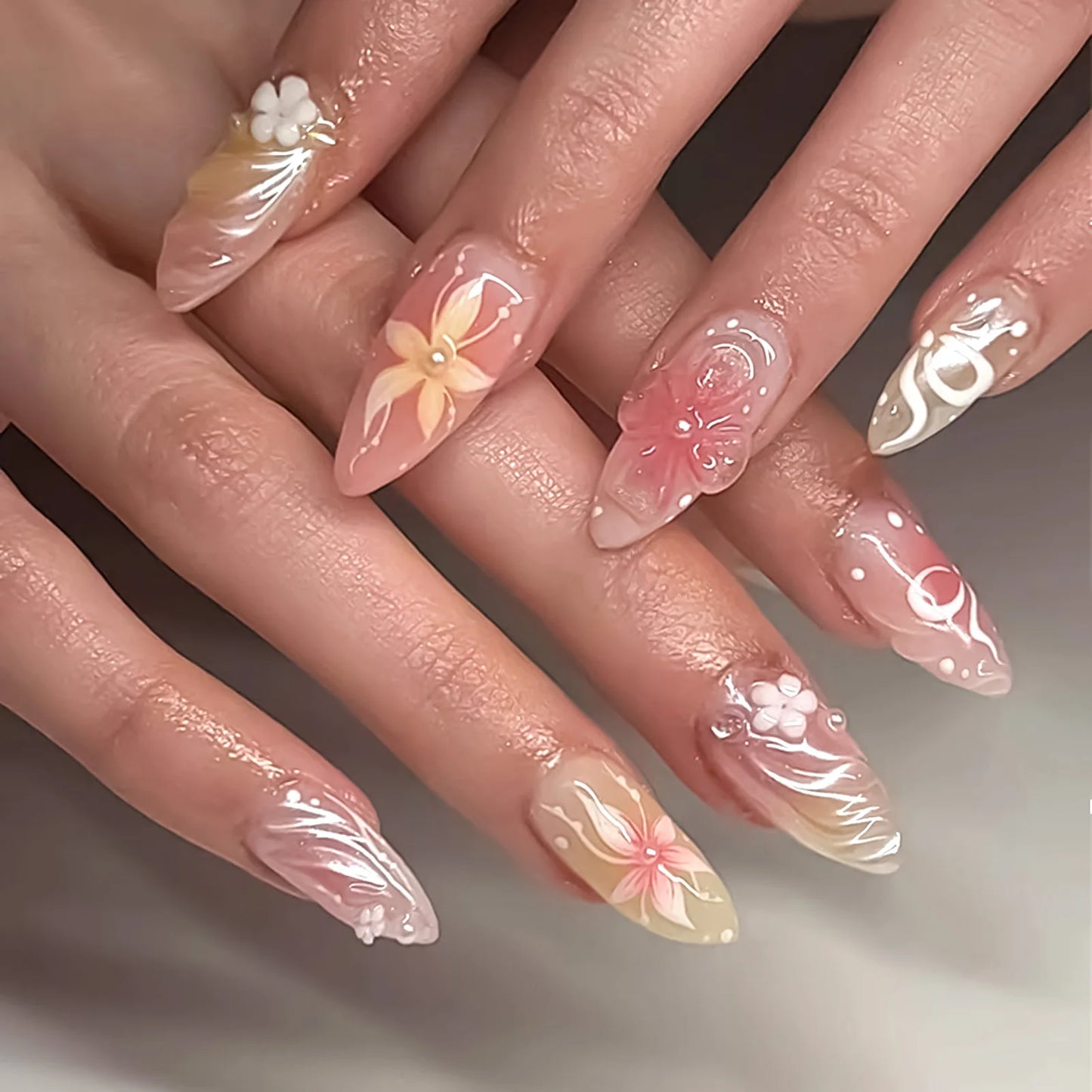 24PCS Blue Cat Eye False Nails Short Round Cute Press on Nails Wearable Full Cover Ins Flowers Pattern Fake Nail Tips for Girls Peaceful Pleasures Health and Wellness
