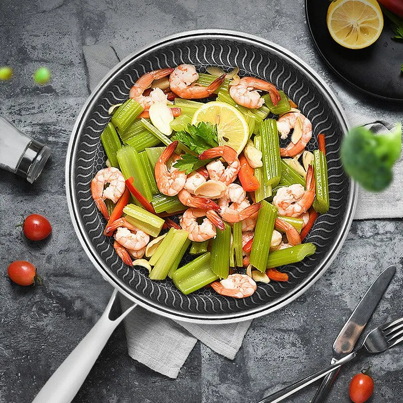 Whole Body Tri-Ply Stainless Steel Frying Pan 316 Stainless Steel Wok Pan Double-sided Honeycomb Skillet Suitable for All Stove Peaceful Pleasures Health and Wellness