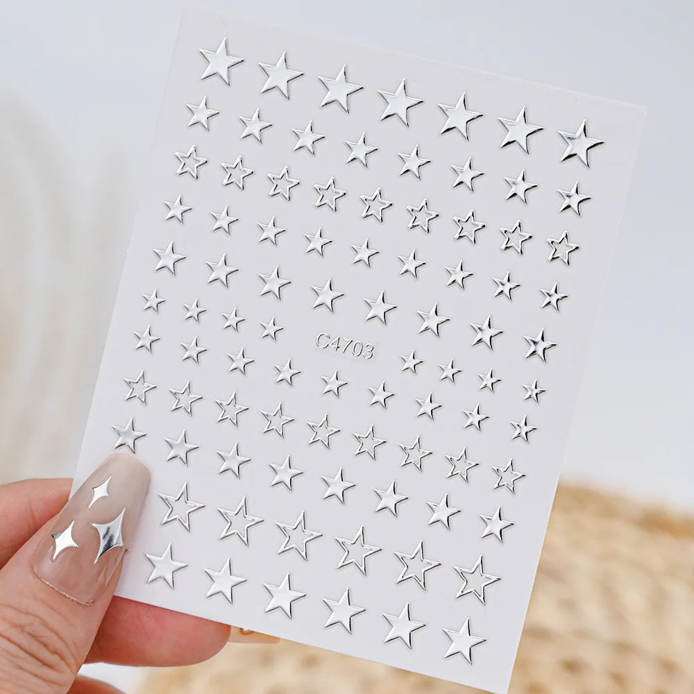 3D Silver Nail Art Stickers – Stars, Hearts & Chain Decals