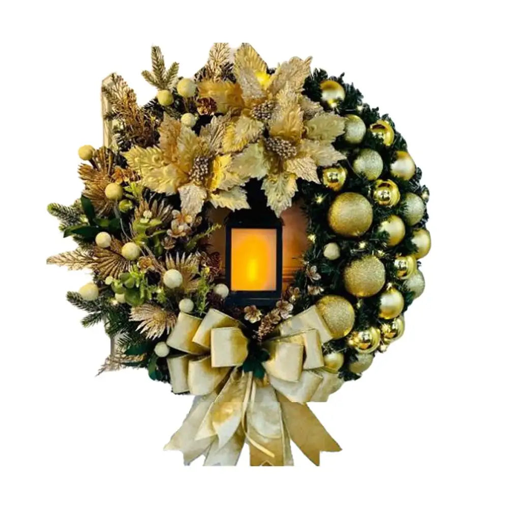 LED Christmas Wreath with Bow & Red Flowers | 40cm Door Decor
