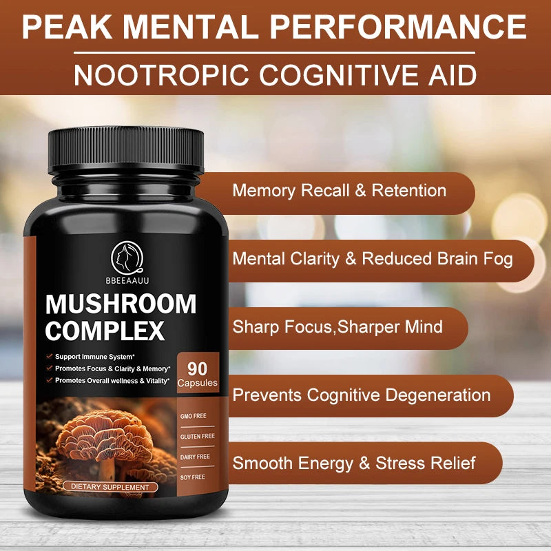 BBEEAAUU Mushroom Complex Capsules – Energy, Focus, Memory & Brain Health Dietary Supplement Peaceful Pleasures Health and Wellness