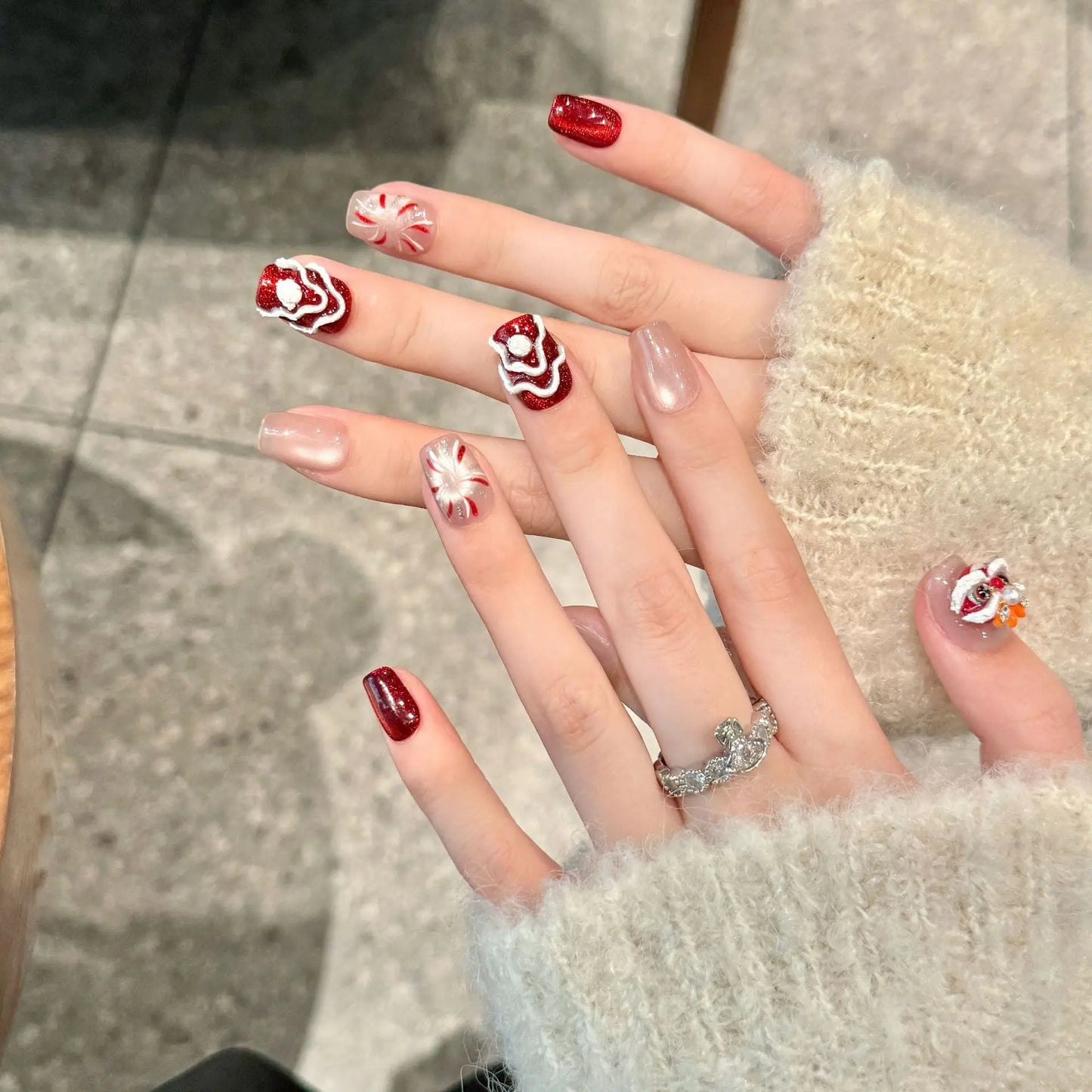 Lucky Red Lion Cat Eye Press On Nails – Short Full Cover Set