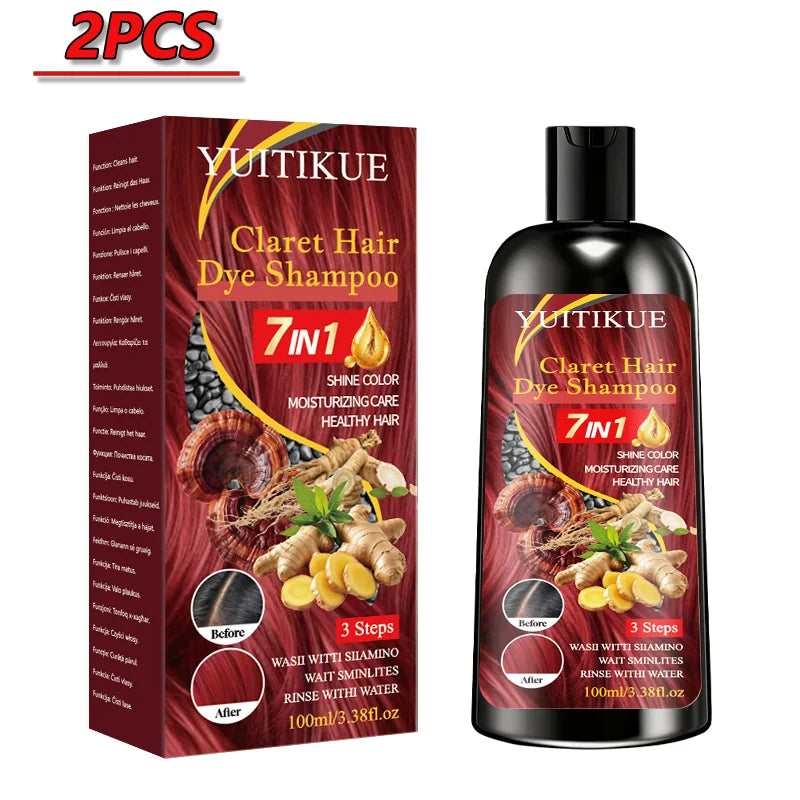 YUITIKUE 7 IN 1 Claret Hair Dye Shampoo Natural Ginger Herbal Moisturizing Long Lasting Hair Color Shampoo 100ml Peaceful Pleasures Health and Wellness 2pcs