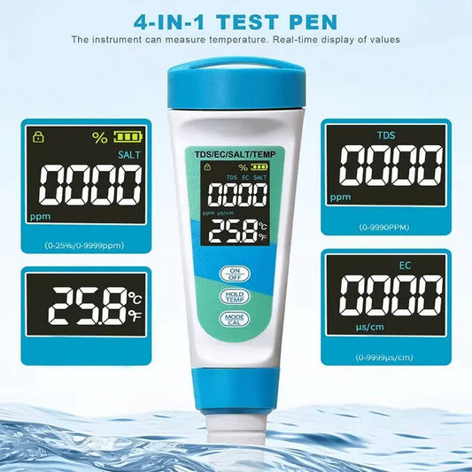 Pocket-Sized Water Tester - 4-in-1 for TDS EC Salinity Temp, Portable Water Quality Analyzer for Home, Pool, and Aquarium Peaceful Pleasures Health and Wellness