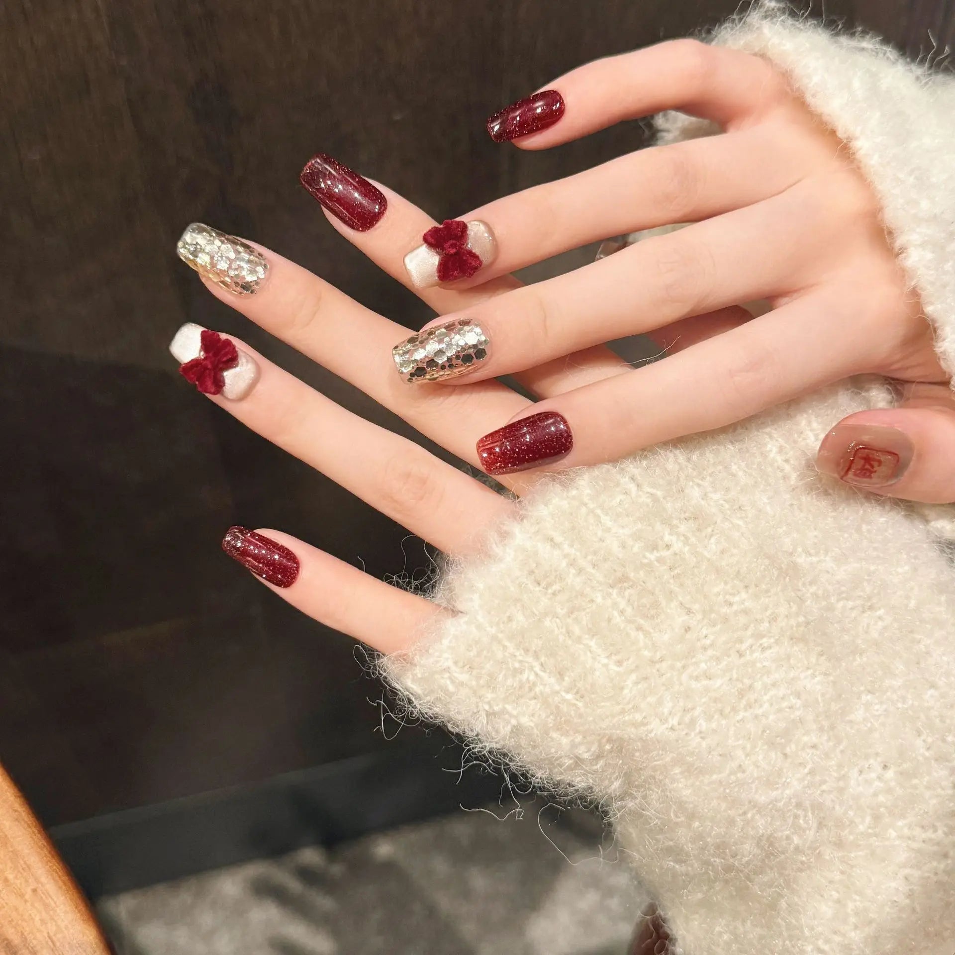 Handmade New Year Lucky Red Press on Nails Glitter Sequins Red Bow Decor False Nails Full Cover Wearable Short Fake Nail Tips Peaceful Pleasures Health and Wellness mid length L