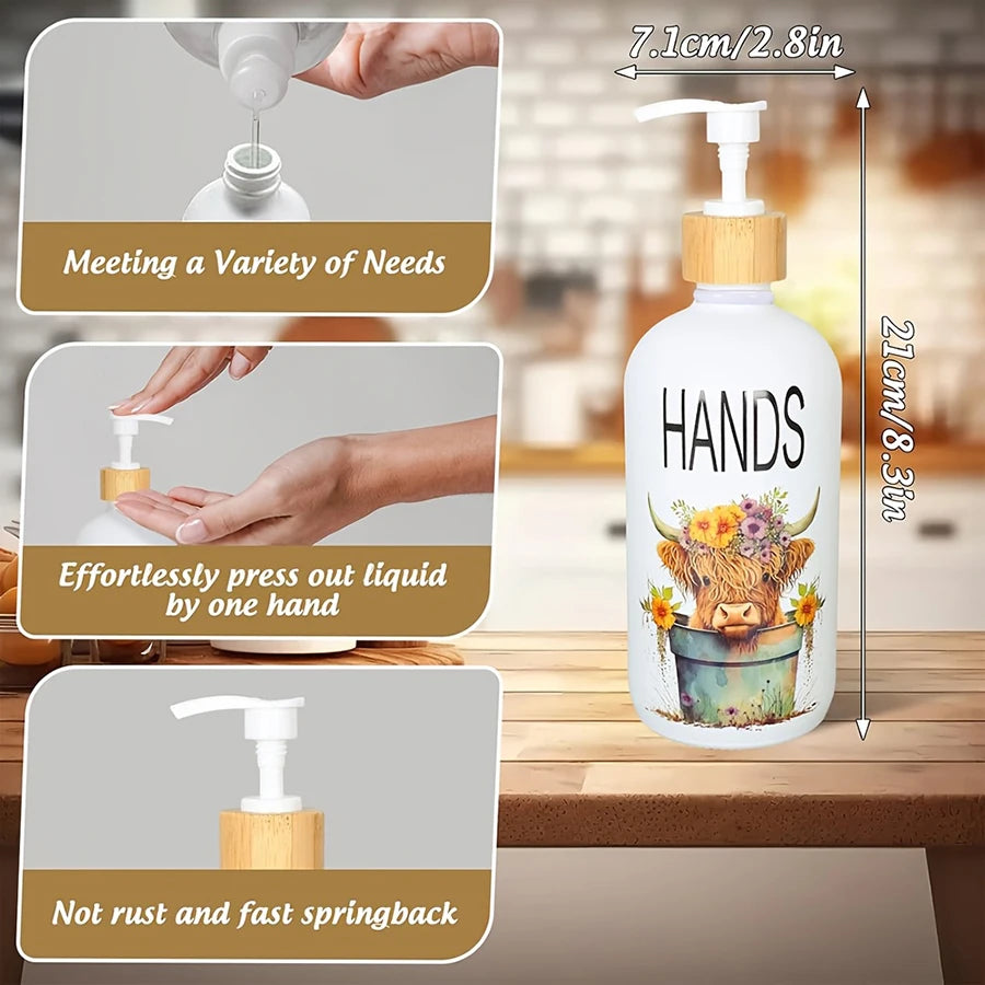 2Pcs Highland Cow Soap Dispenser with Tray – Farmhouse Cow Floral Pump Dispenser Set