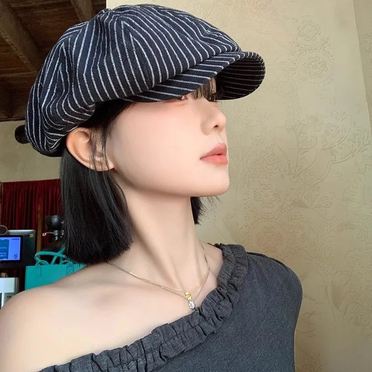 Women's Summer Striped Cotton-Linen Beret – Breathable Hat