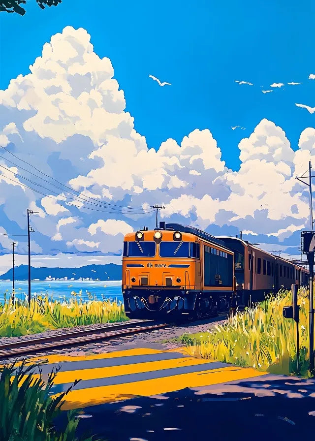 Japanese Anime Landscape Canvas Print | Tram Train Ocean Wall Art Canvas Wall Art Print Peaceful Pleasures Health and Wellness 6 20x30cm Unframed