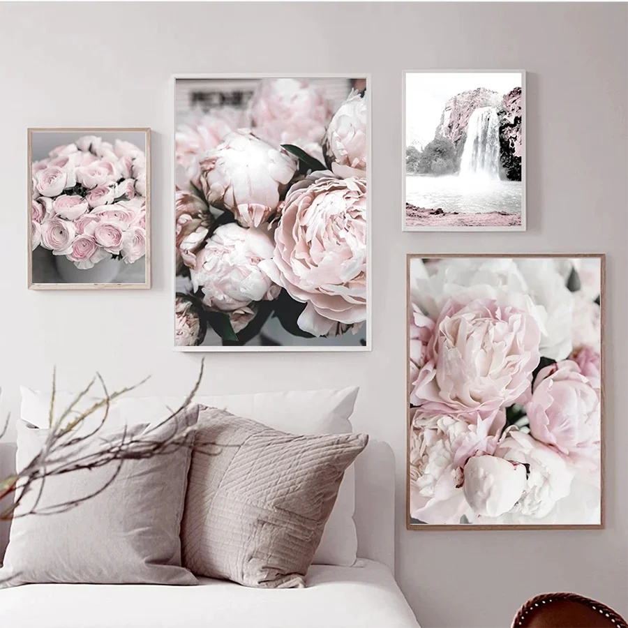 HD Canvas Wall Art for Living Room Cherry Blossoms Peony Carnation Flower Nordic Mountain Modern Pink Color Poster Home Decor Peaceful Pleasures Health and Wellness