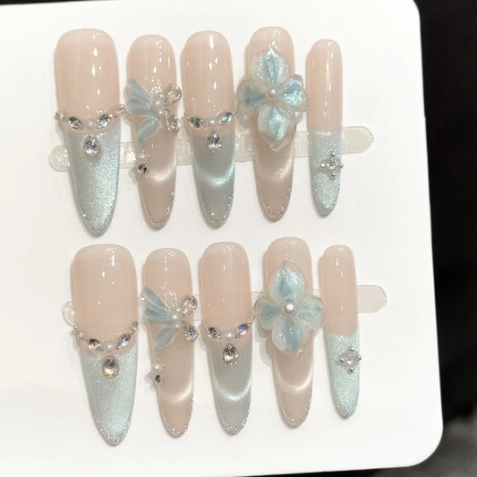 3D Ice Blue Butterfly Press On Nails – Long Tip False Nails Press On Nails Peaceful Pleasures Health and Wellness