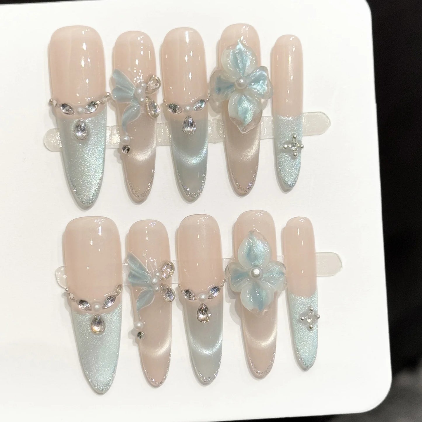 Ice Blue Cat's Eye Press On Nails | 3D Flower Butterfly Almond
