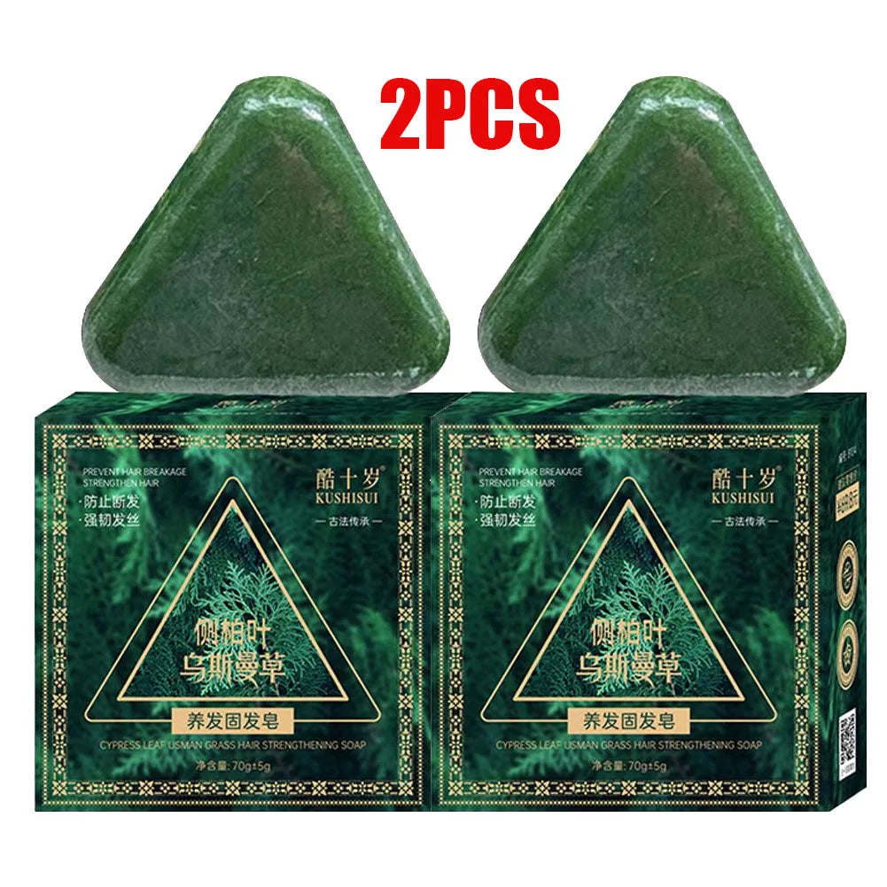 2/4PCS Platycladus Leaves Usman Handmade Shampoo Soap Polygonum Multiflorum Herbal Extract Triangle Hair Strengthening Cleansing Peaceful Pleasures Health and Wellness 2PCS