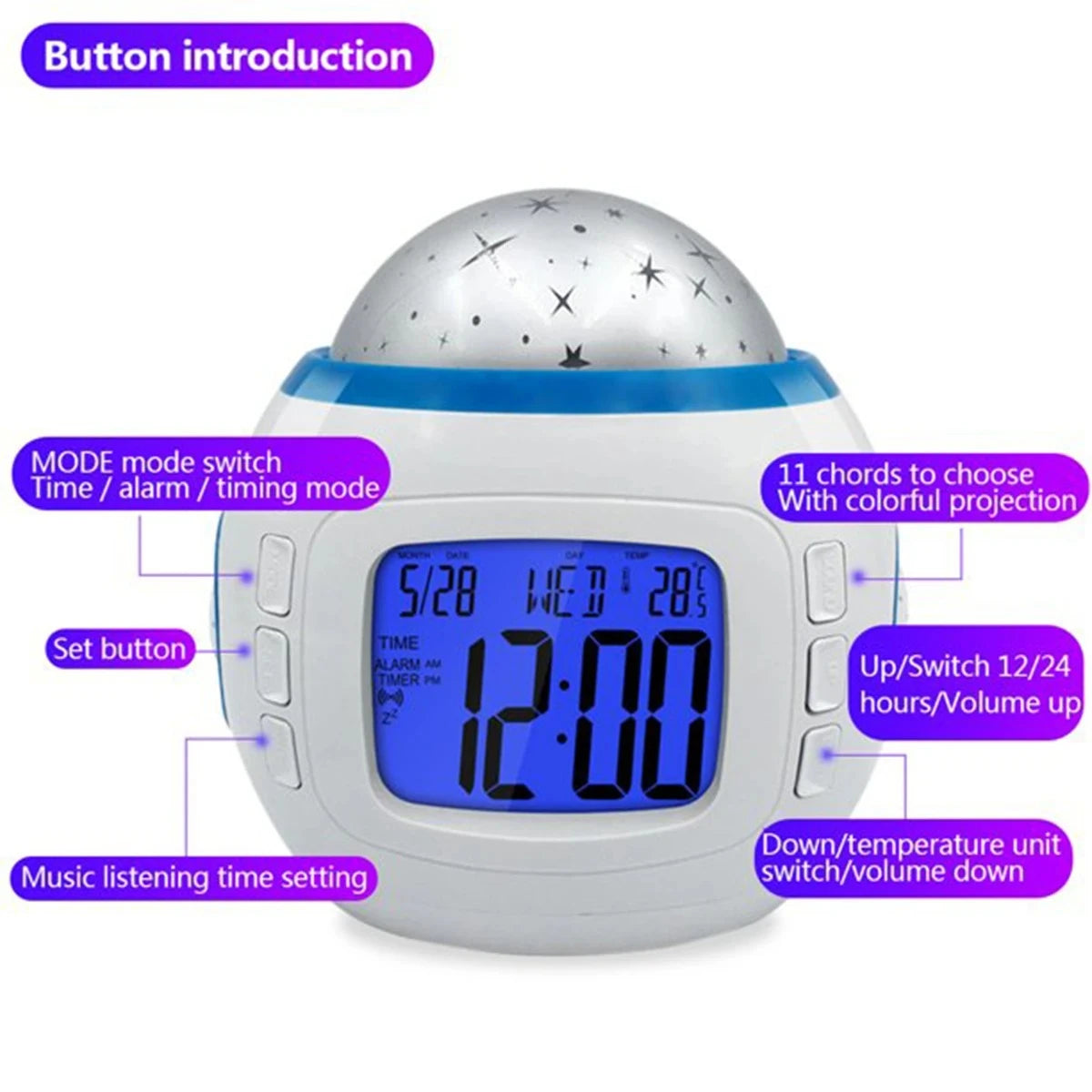 LED Alarm Clock with Star Sky Projection Light Color Changing Bedside Night Light for Kids Bedroom Peaceful Pleasures Health and Wellness