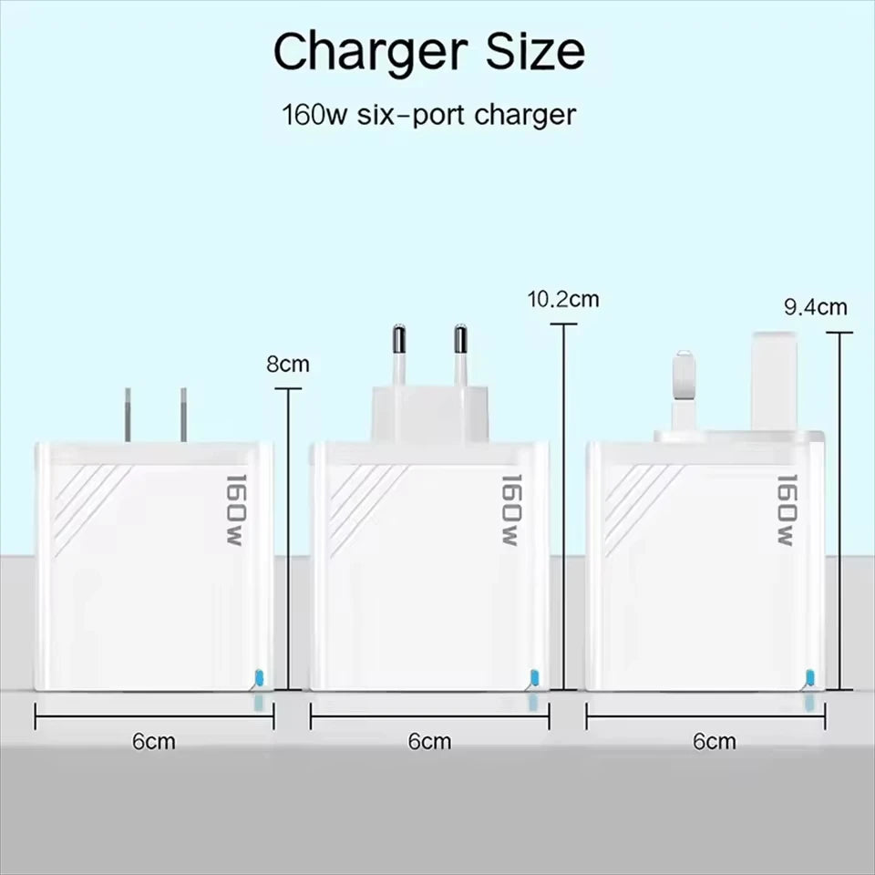 160W 6-Port USB-C PD & QC3.0 Fast Wall Charger | EU US UK