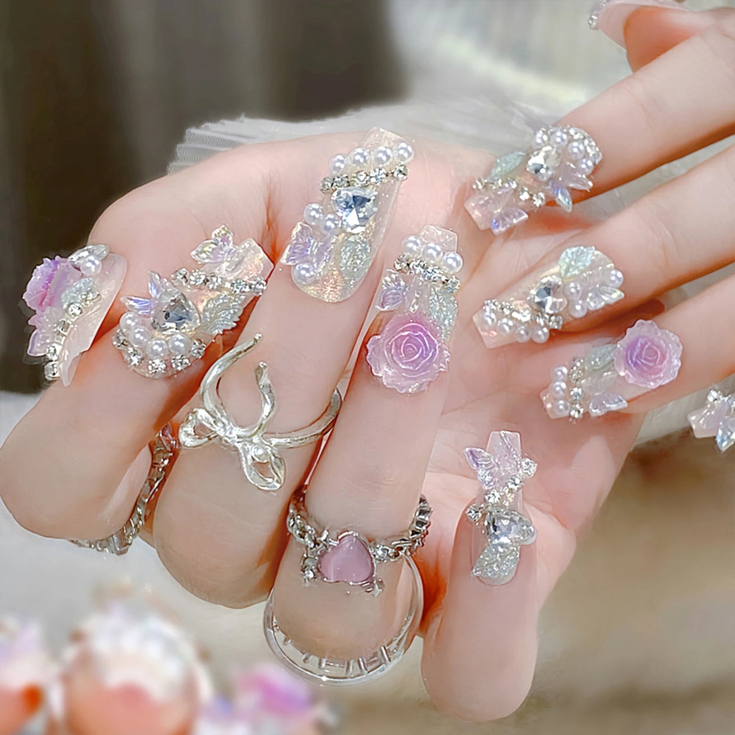 24pcs New Year Heavy Metal Press on Nails Chinese Bride Wedding Fake Nails Full Cover Wearable Shiny Large Crystal False Nails Peaceful Pleasures Health and Wellness style 11