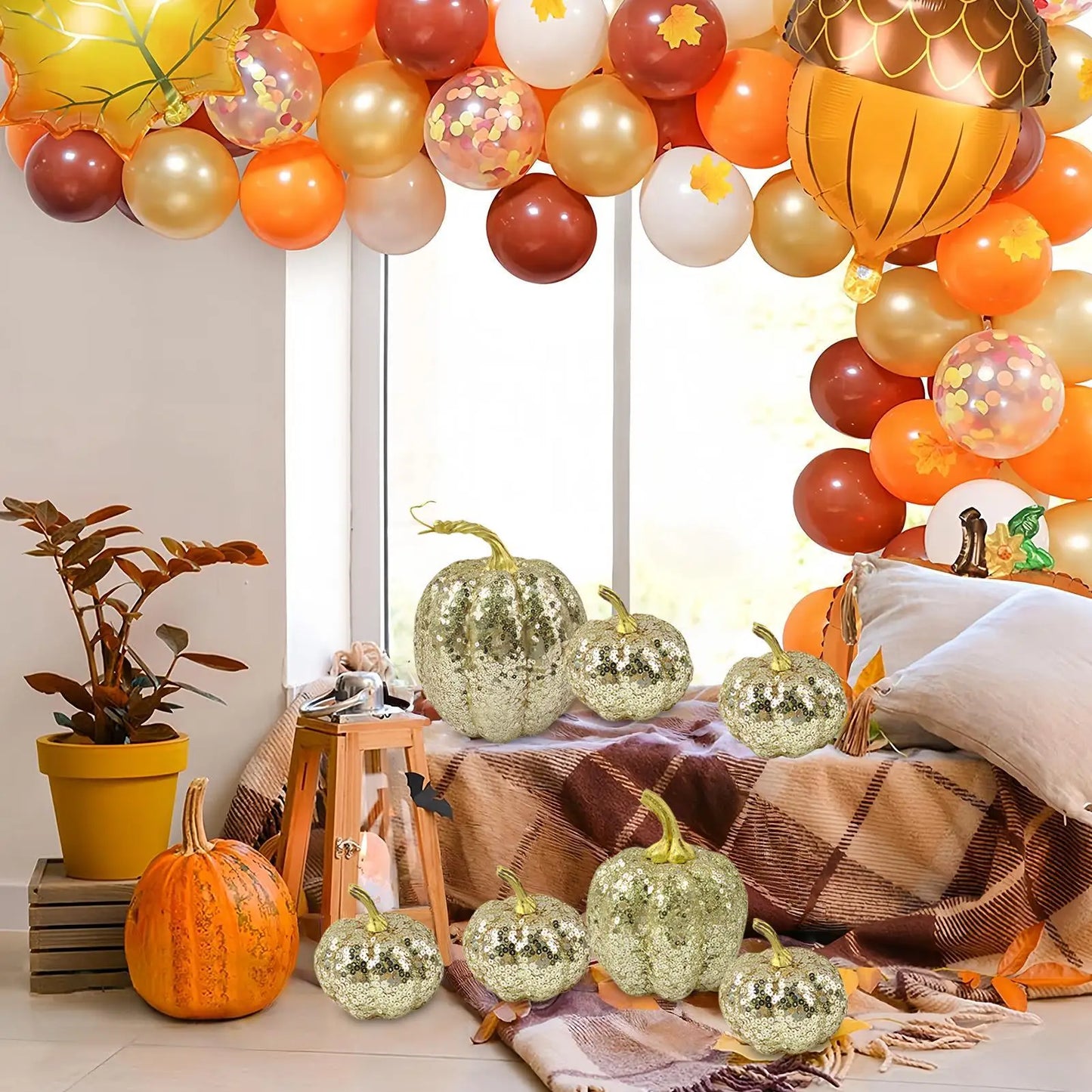 Fake Pumpkins Fall Halloween Decorations Festive 7 Pieces Ornament Glitter Statue for Party Table Shelf Holiday Hallway Bedroom Peaceful Pleasures Health and Wellness