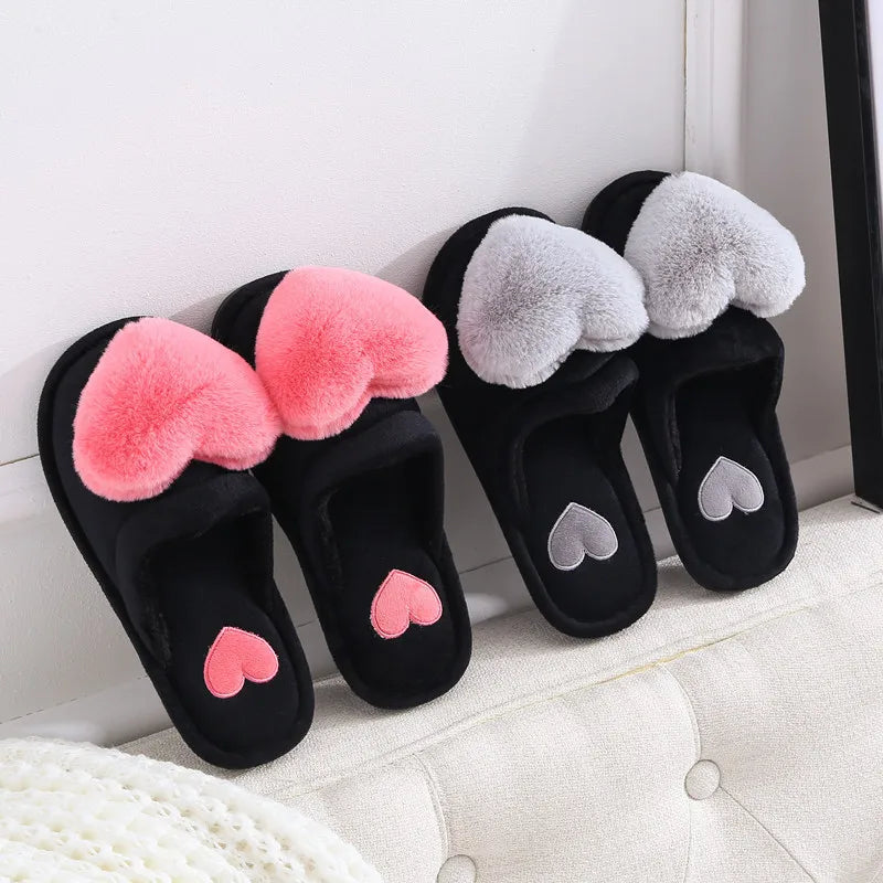 Women's Plush Heart Slippers – Warm Non-Slip Indoor House Shoes