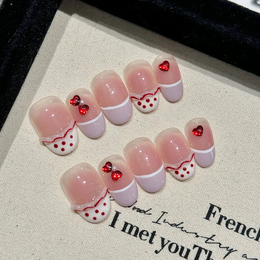 Press-On Nails Sweet Pink Red Dot Short Round False Nails Set Press-On Nail Set Peaceful Pleasures Health and Wellness L