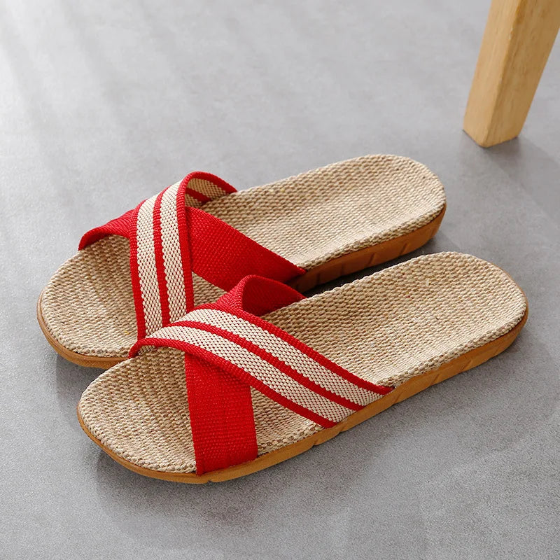 Women's Linen Flat Slippers – Lightweight Open Toe Indoor Slides