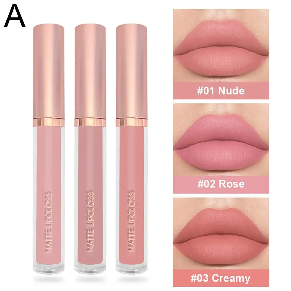 3-Piece Nude Velvet Matte Liquid Lipstick Set – Long-Lasting