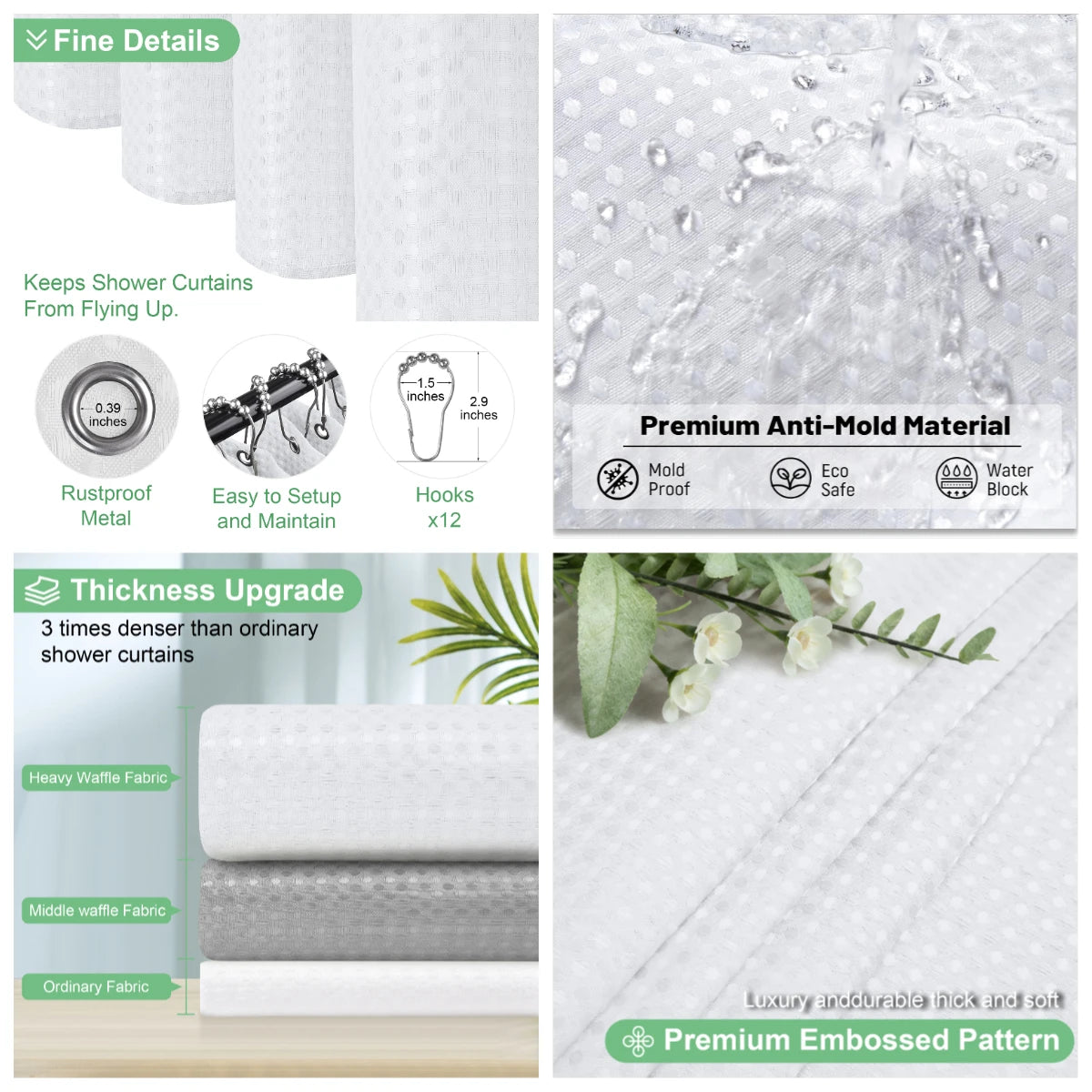 180x180cm Shower Curtain Waffle Weave Textured Oil-proof Shower Curtain for Bathroom Luxury Waterproof Curtain with 12 Hooks Peaceful Pleasures Health and Wellness