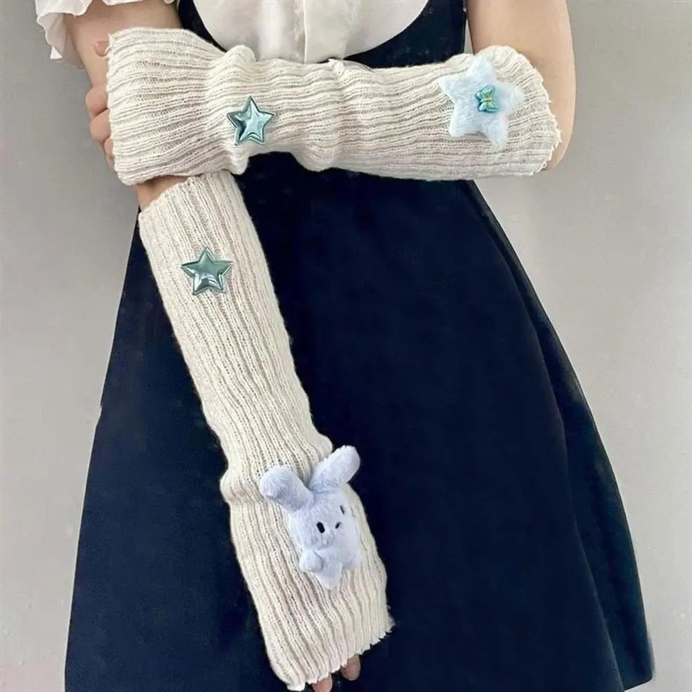 Original Design Rabbit Star Knitted Pile Socks Cute Fold Ears Rabbit Striped Knitted Sleeves Millennium Style Fashion Versatile Peaceful Pleasures Health and Wellness WHITE