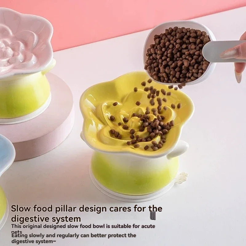 Elevated Ceramic Cat Bowl | Flower Shape Anti-Slip Tilted Feeder
