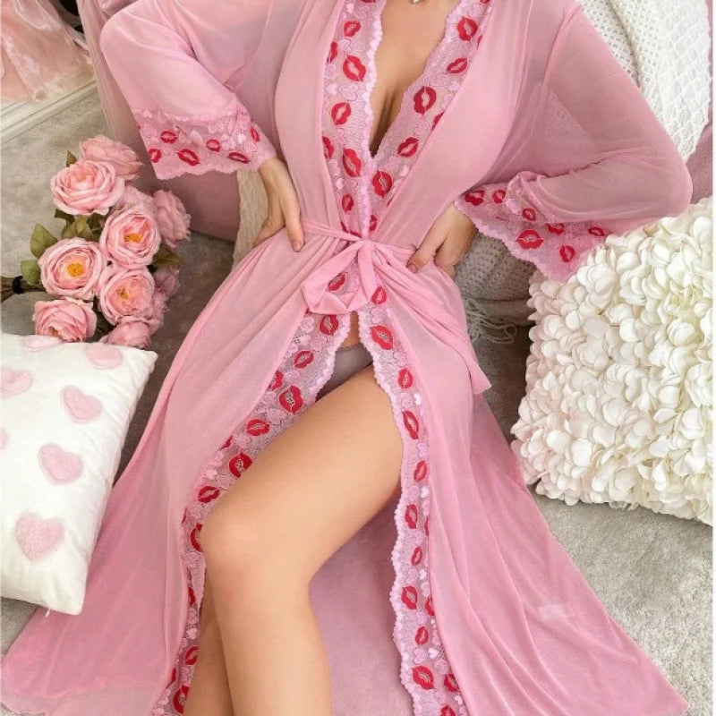 Women's Lace Sheer Long-Sleeve Robe & Lingerie Set