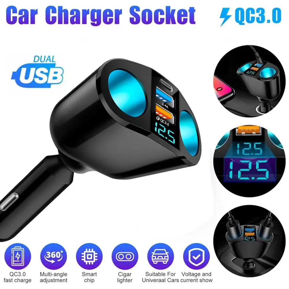 Car Cigarette Lighter 12V-24V Socket Splitter Blue Atmosphere Light PD QC3.0 2 USB Charger C Ports For Mobile Phone DVR Chargers Peaceful Pleasures Health and Wellness