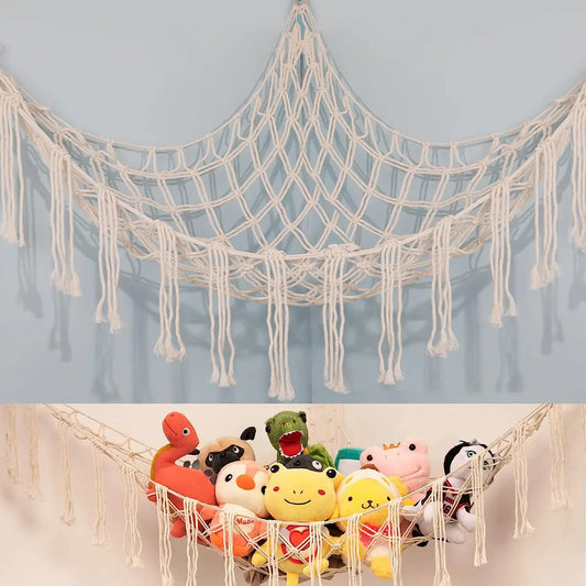Corner Mounted Toy Storage Net Handwoven Cotton String Triangle Pouch Plush Doll Hammock Kids Room Organizer Peaceful Pleasures Health and Wellness