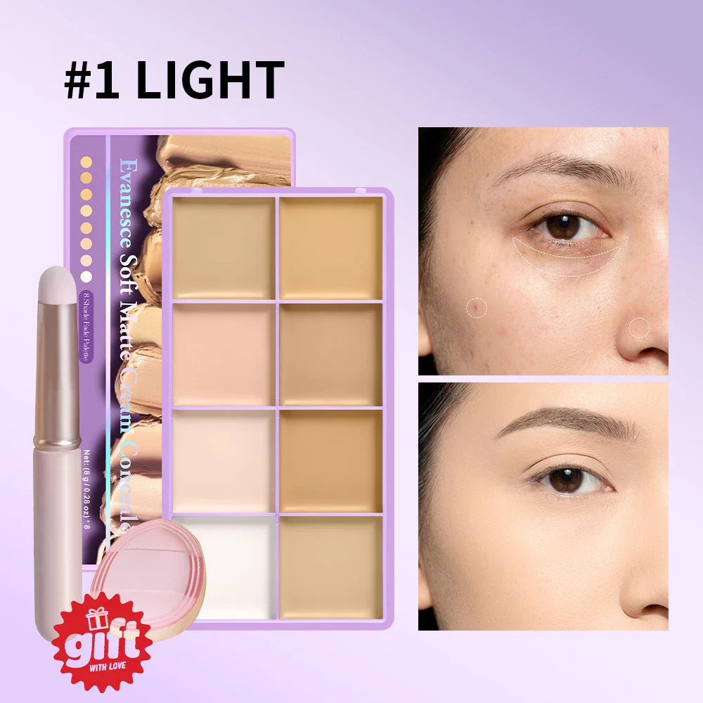 8-Shade Cream Concealer Palette with Brush & Puff | Full Coverage