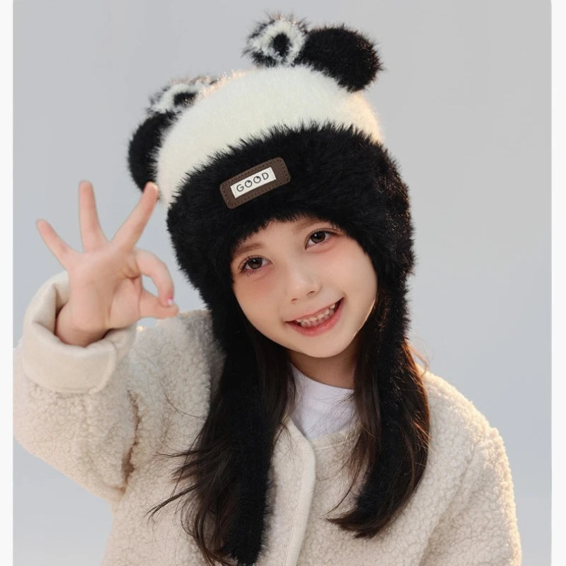 Girls' Bear Fleece-Lined Knit Winter Hat with Ear Protection