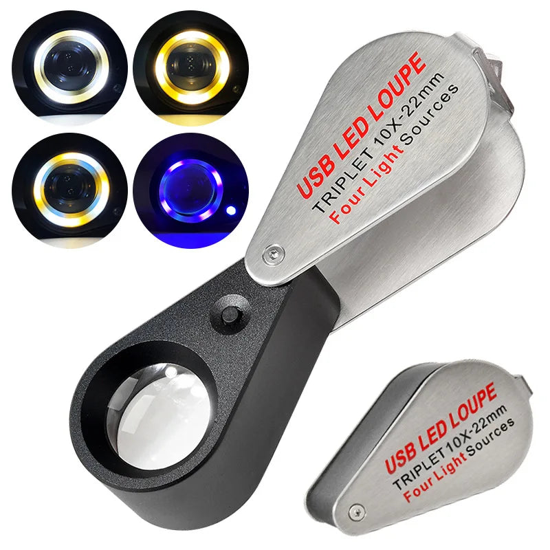 10X 20X Magnifier 13Led Fluorescent Identification, Charging Magnifying Glass, Diamond Identification Peaceful Pleasures Health and Wellness silver 30x