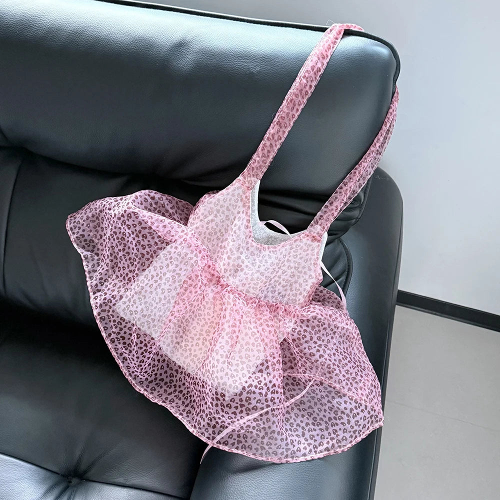 Sweet Leopard Print Mesh Shoulder Bag Large Capacity Elegant Dynamic
