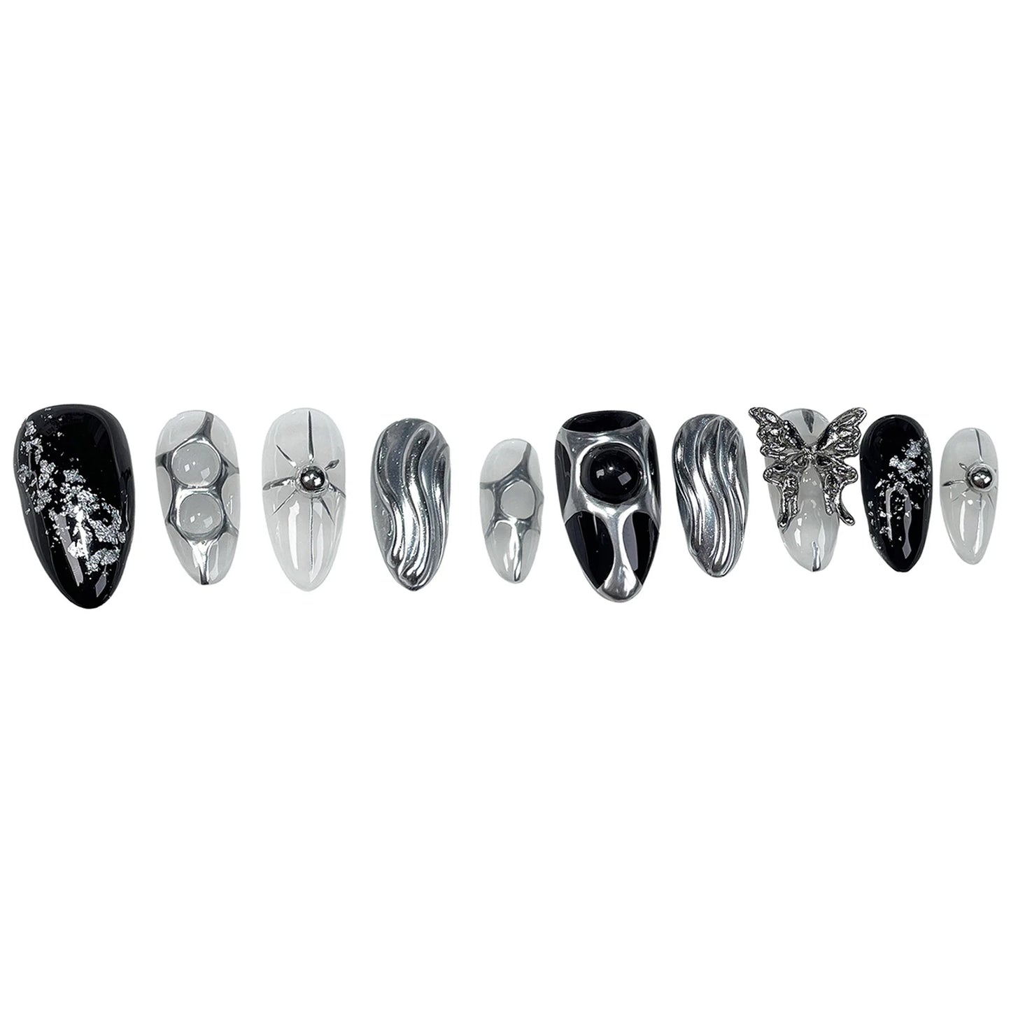 3D Butterfly Press On Nails – Black Silver Almond False Nails