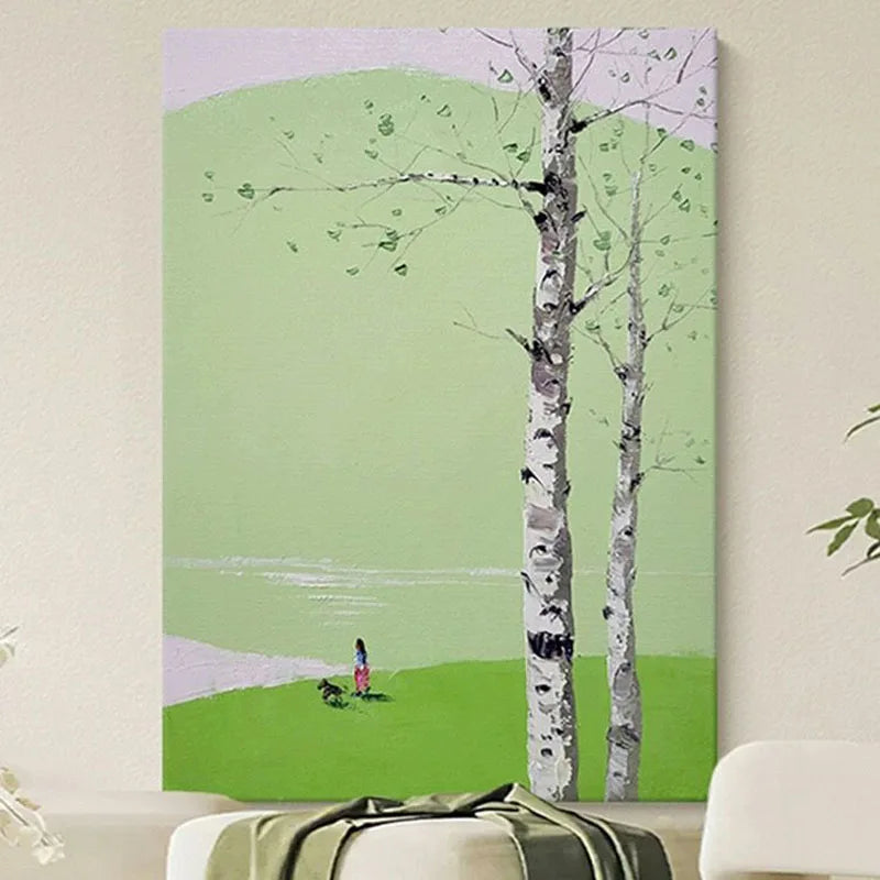 Abstract Mountain Peak Scenery Living Room Modern Minimalist White Birch Tree Decoration Painting Green Picture Entrance Room Peaceful Pleasures Health and Wellness No frame 60cmx90cm