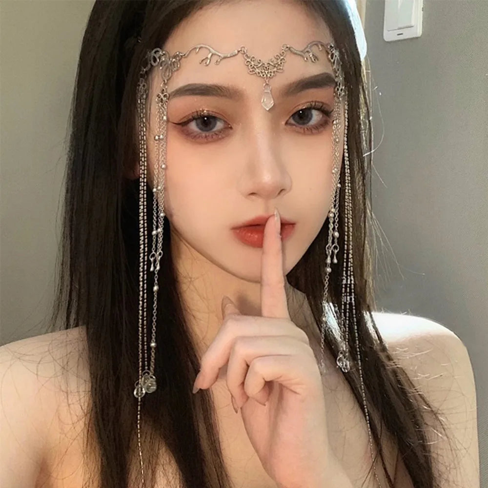 Crystal Tassel Head Chain – Gold Forehead Pendant for Women