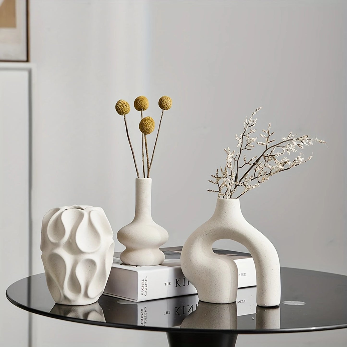 3pcs Bohemian Ceramic Vase Set Modern Minimalist Round & Donut Shape Geometric Pattern Perfect For Fashion Home Decoration Peaceful Pleasures Health and Wellness