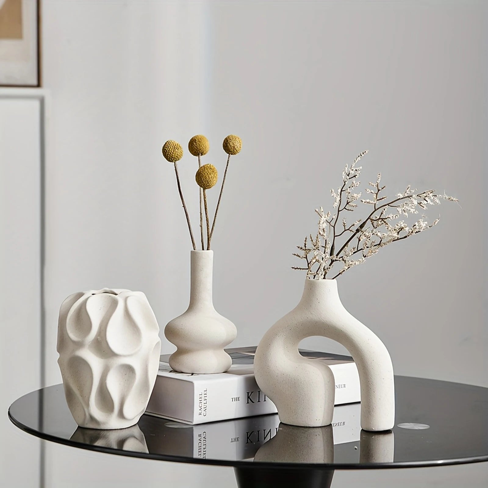 3pcs Bohemian Ceramic Vase Set Modern Minimalist Round & Donut Shape Geometric Pattern Perfect For Fashion Home Decoration Peaceful Pleasures Health and Wellness