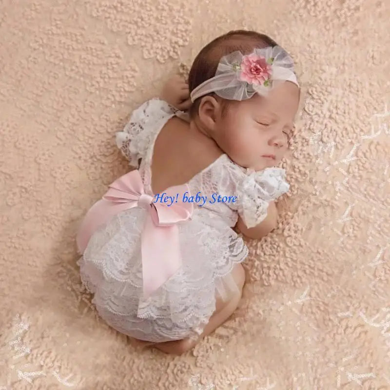 Newborn Lace Romper & Floral Headband Set | Baby Photo Props