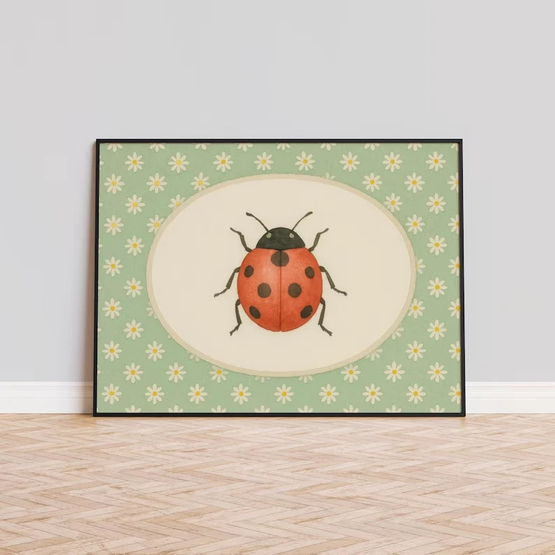 Ladybug & Daisies Whimsical Canvas Wall Art Print | Home Decor