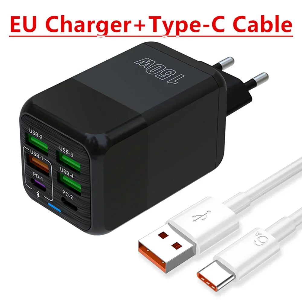 150W 6-Port USB-C Wall Charger | PD QC 3.0 Fast Charging