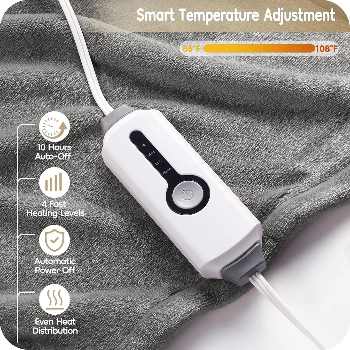 Full Size Electric Heated Blanket – 4 Levels, Light Grey Peaceful Pleasures Health and Wellness