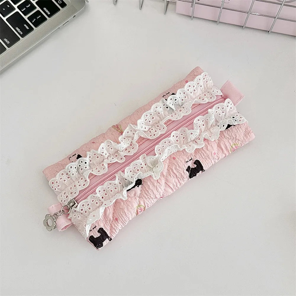 Fresh Lace Pencil Pouch Large Capacity Cosmetic Bag Flower Pattern Pen Case Makeup Bag Cartoon Stationery Storage Bag Peaceful Pleasures Health and Wellness Style H