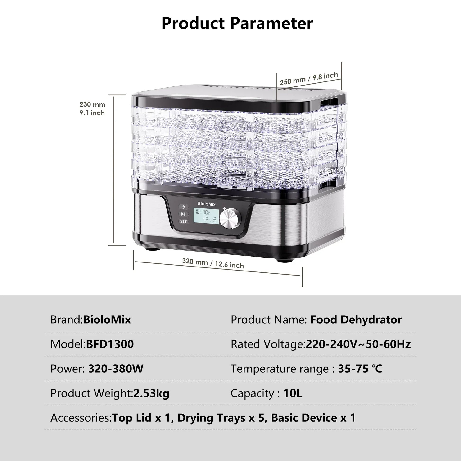 BioloMix 10L Food Dehydrator – 5 BPA-Free Trays, Digital Timer & Temp Control Kitchen Appliance Peaceful Pleasures Health and Wellness