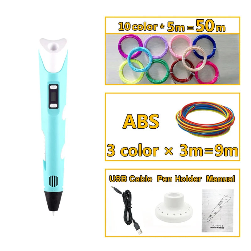 3D Pen 3D DIY Drawing Pen With LCD Screen Compatible PLA Filament Toys Safe 3D Pen for Children Kids Christmas Birthday Gift Peaceful Pleasures Health and Wellness Blue B China Mainland