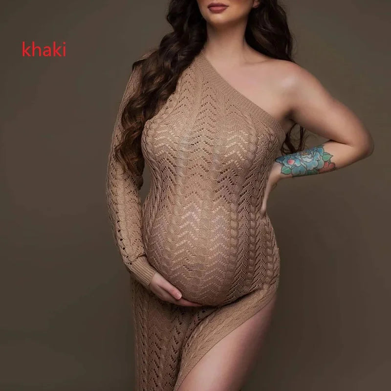 Pregnancy Dress Shoot Gold Knitted Maternity Dresses for Photo Shoot Robe Transparent hollowed Clothing Props Peaceful Pleasures Health and Wellness khaki S China Mainland