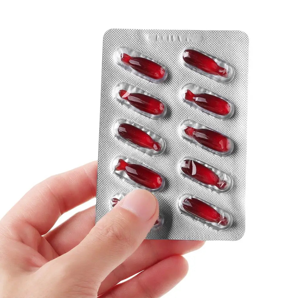 10pcs Fake Blood Pills Prank Toy Hematemesis Capsules Halloween April Fools Day Party Props Funny Scary Vampire Supplies Peaceful Pleasures Health and Wellness